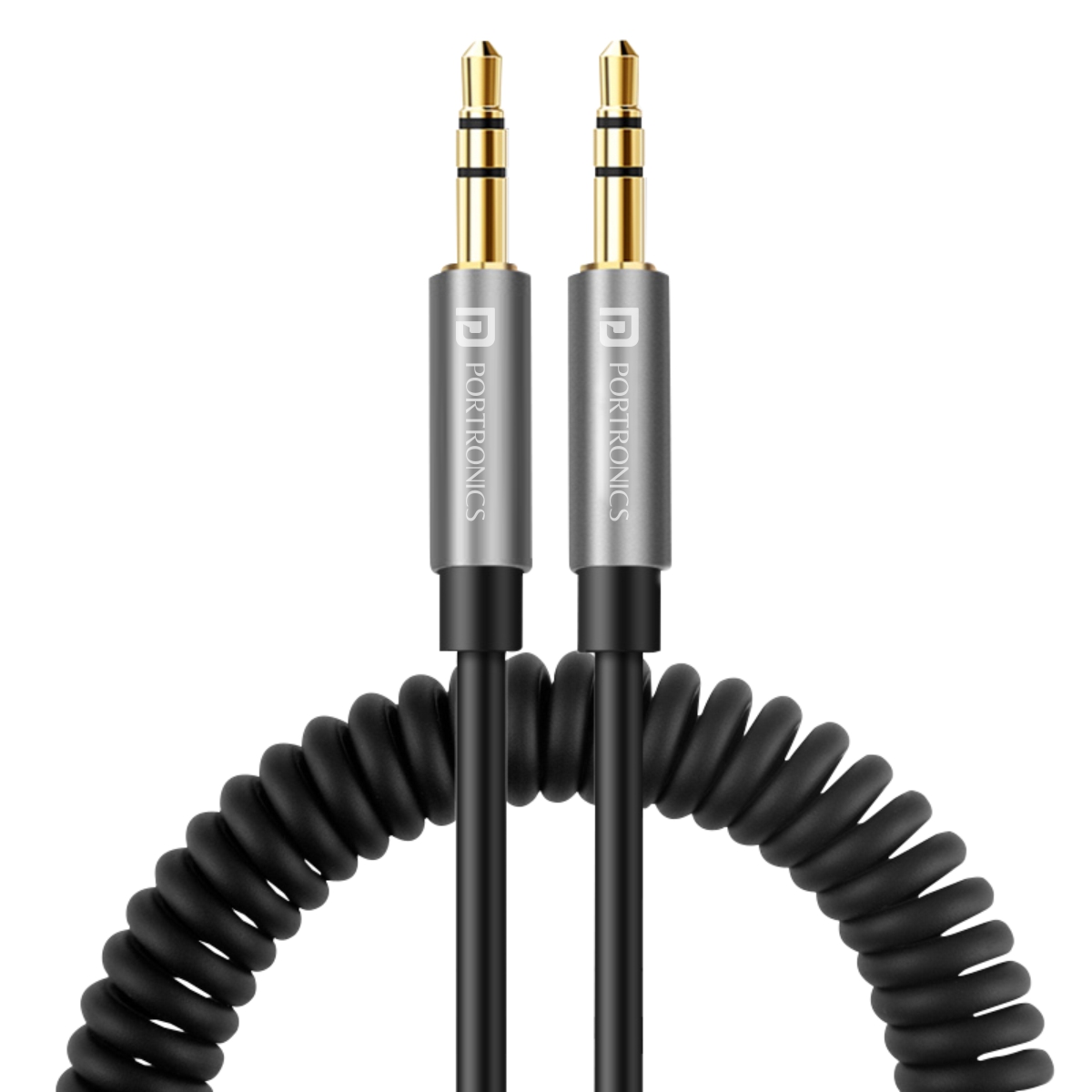 Portronics Konnect Aux 6 POR 1261 1.5 meter Long Spiral AUX Cable I 3.5mm Metal heads Black