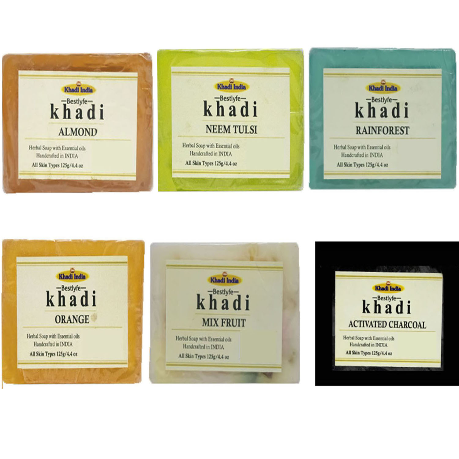 Buy KHADI INDIA BESTLYFE(ALMOND +NEEM TULSI +RAIN FOREST +ORANGE +MIX