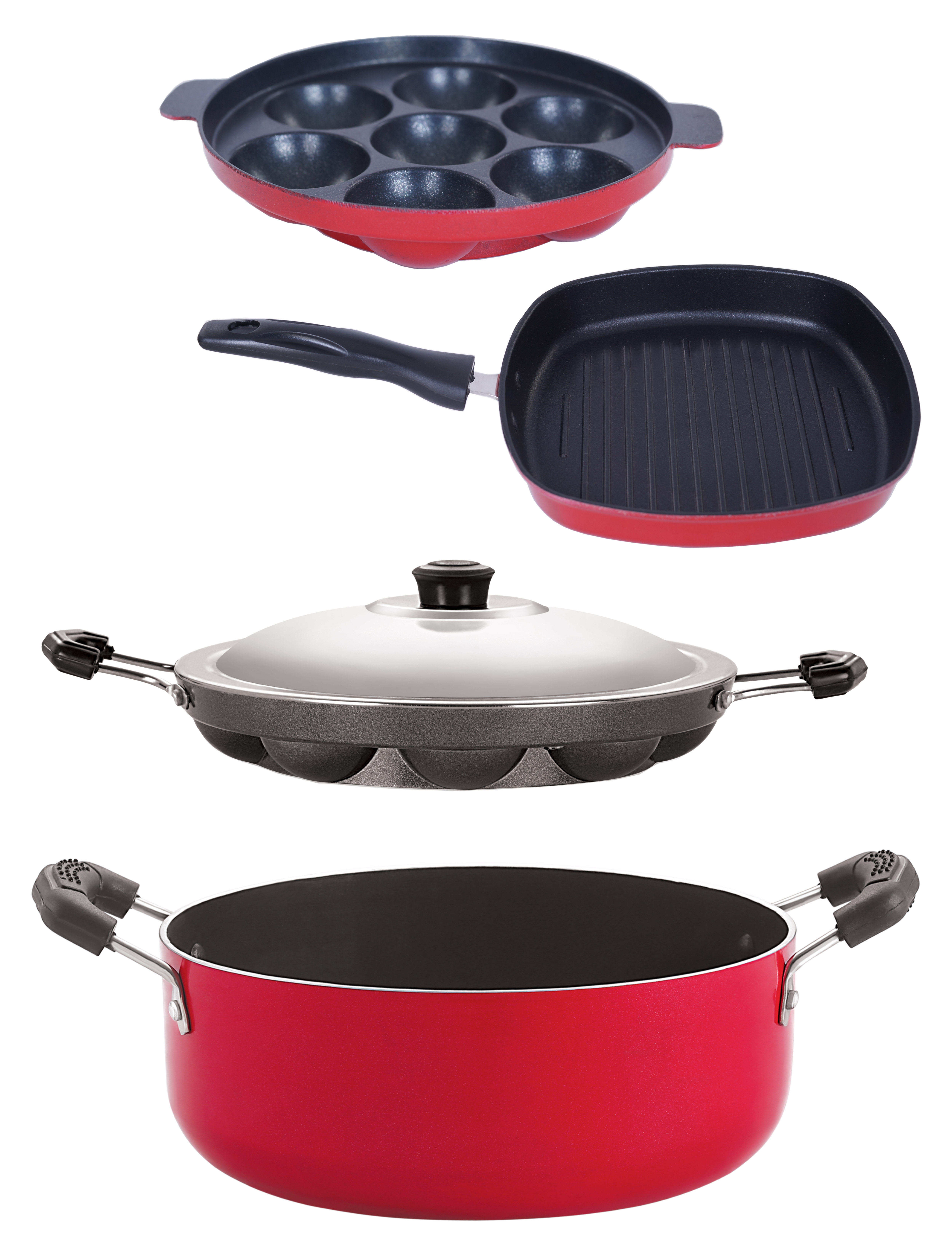 Nirlon Non Stick Appam Appam Grill Pan Casserole Aluminium Cookware Set, 5 Pieces, Red/Black