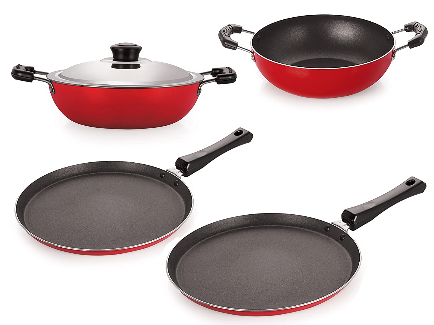 Nirlon Non Stick Oil Free Kitchenware Combo Set with Steel Lid, Red and Black Color