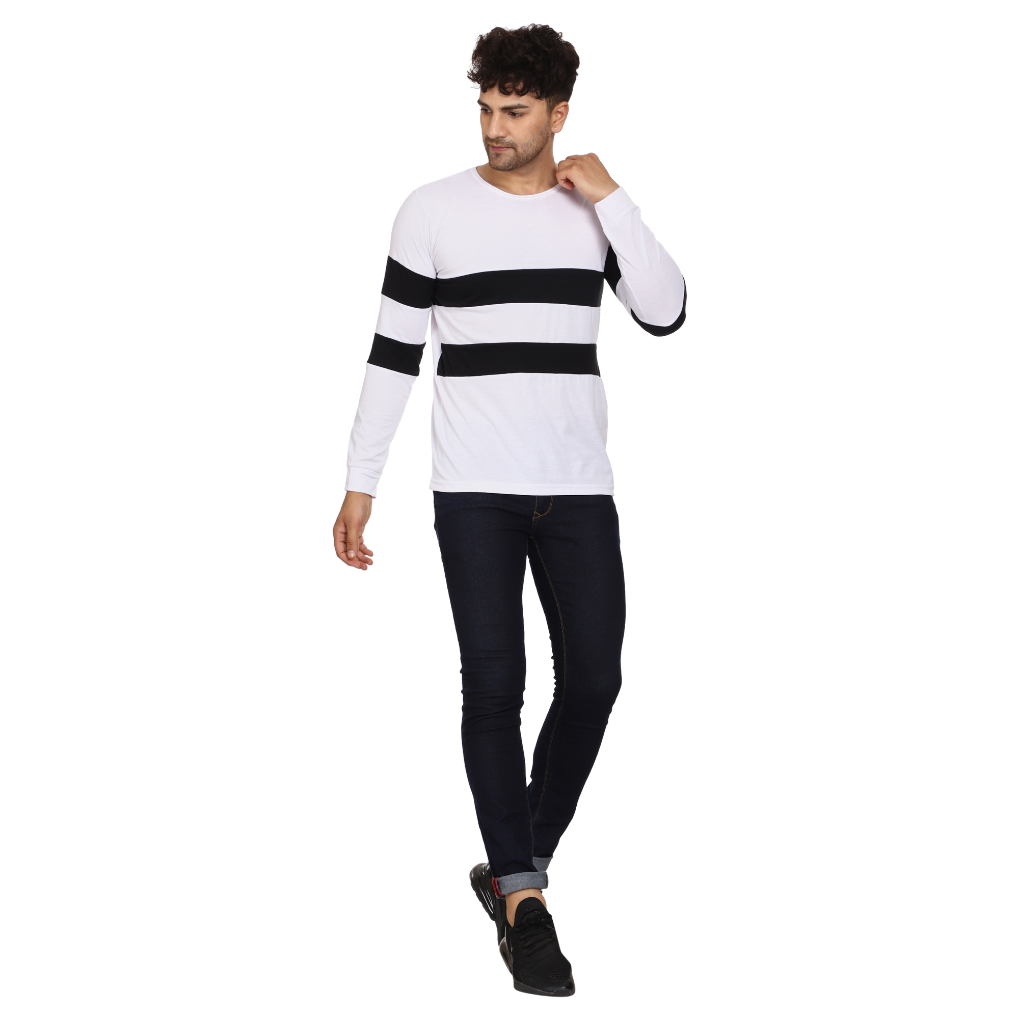 ROARERS Striped Men Round Neck White T Shirt