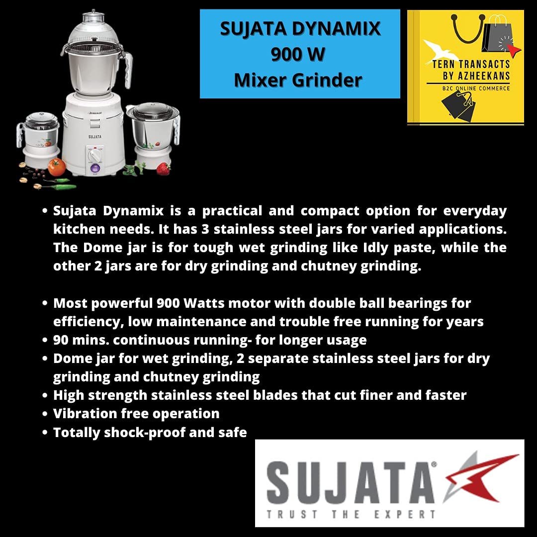 Buy Sujata Dynamix, Mixer Grinder, 900 Watts,3 Jars (White) Online