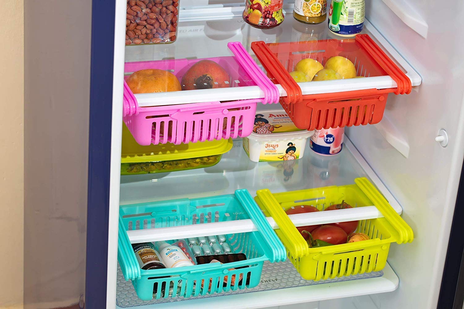 Buy 4 Pcs Expandable Adjustable Fridge Storage Basket Under Shelf ...