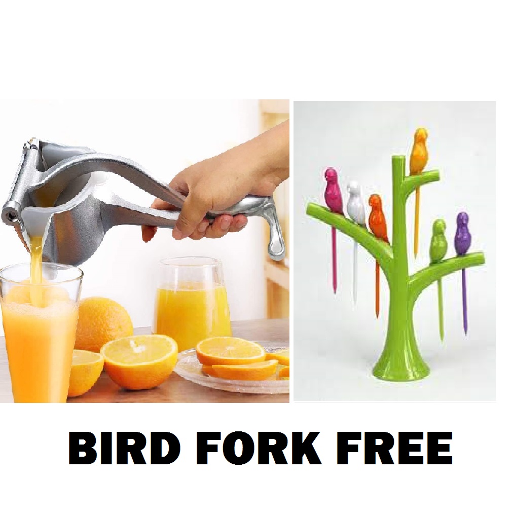 SHIVAM F . Steel Manual Fruit Juicer Hand juicer FREE Birdie Plastic Fruit Fork Set with Stand, 6 Pieces, Multicolour