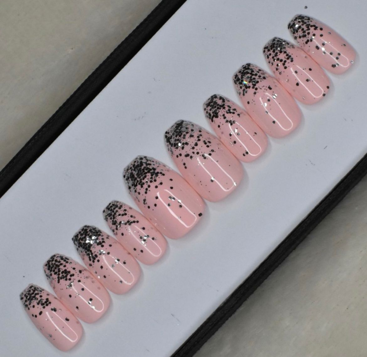 Buy Glossy light pink glitter ombre press on nails set in cofin light ...