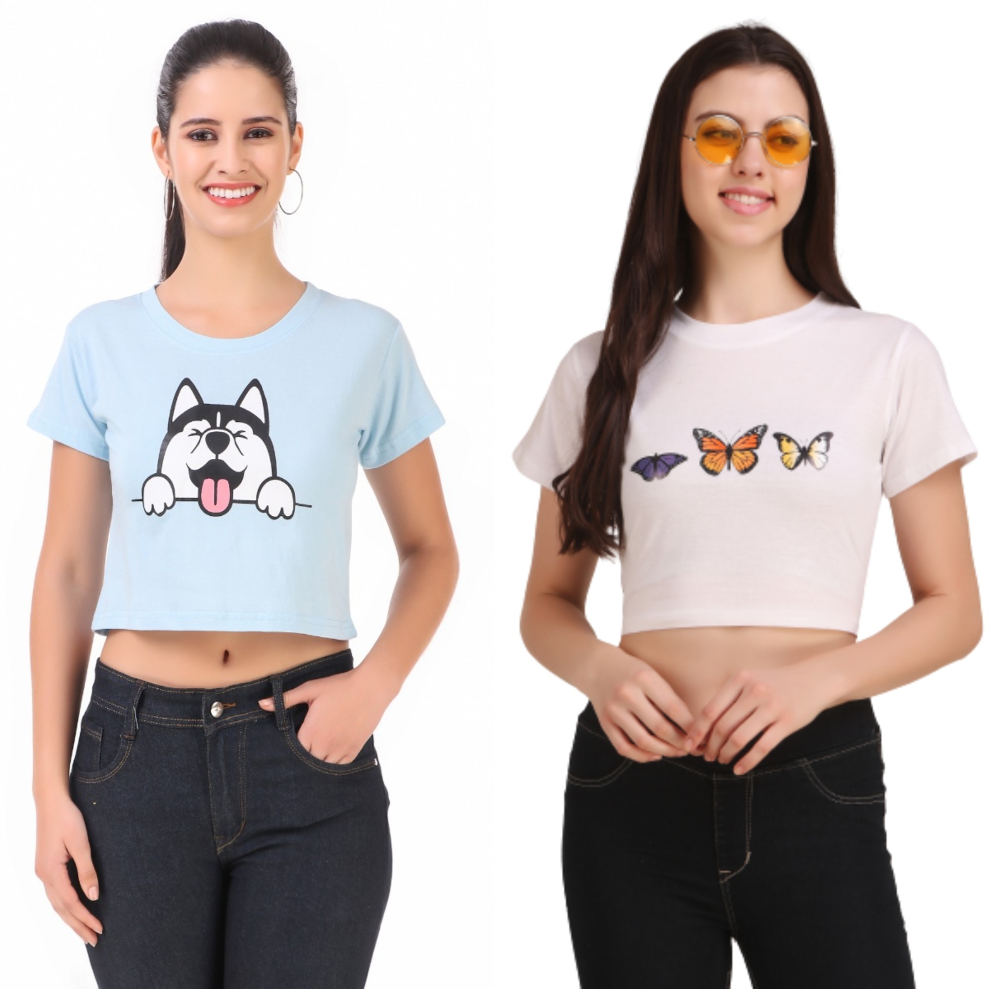 Buy Printed Combo of 2 Crop TOPS of 170 GSM with Bio-Wash 100 Cotton ...