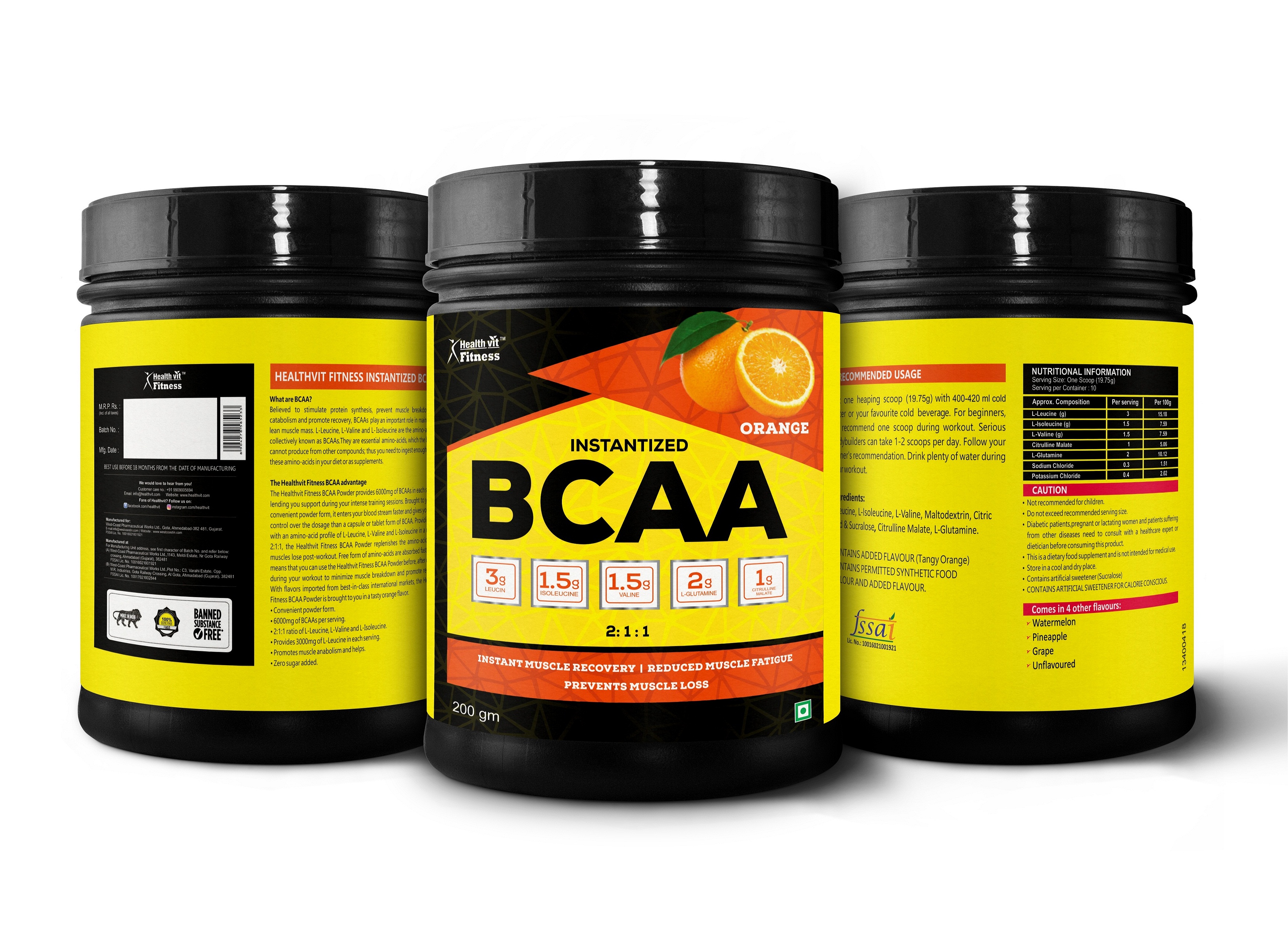 Buy Healthvit Fitness BCAA 6000, 200g Powder (Tangy Orange) Pre/Post