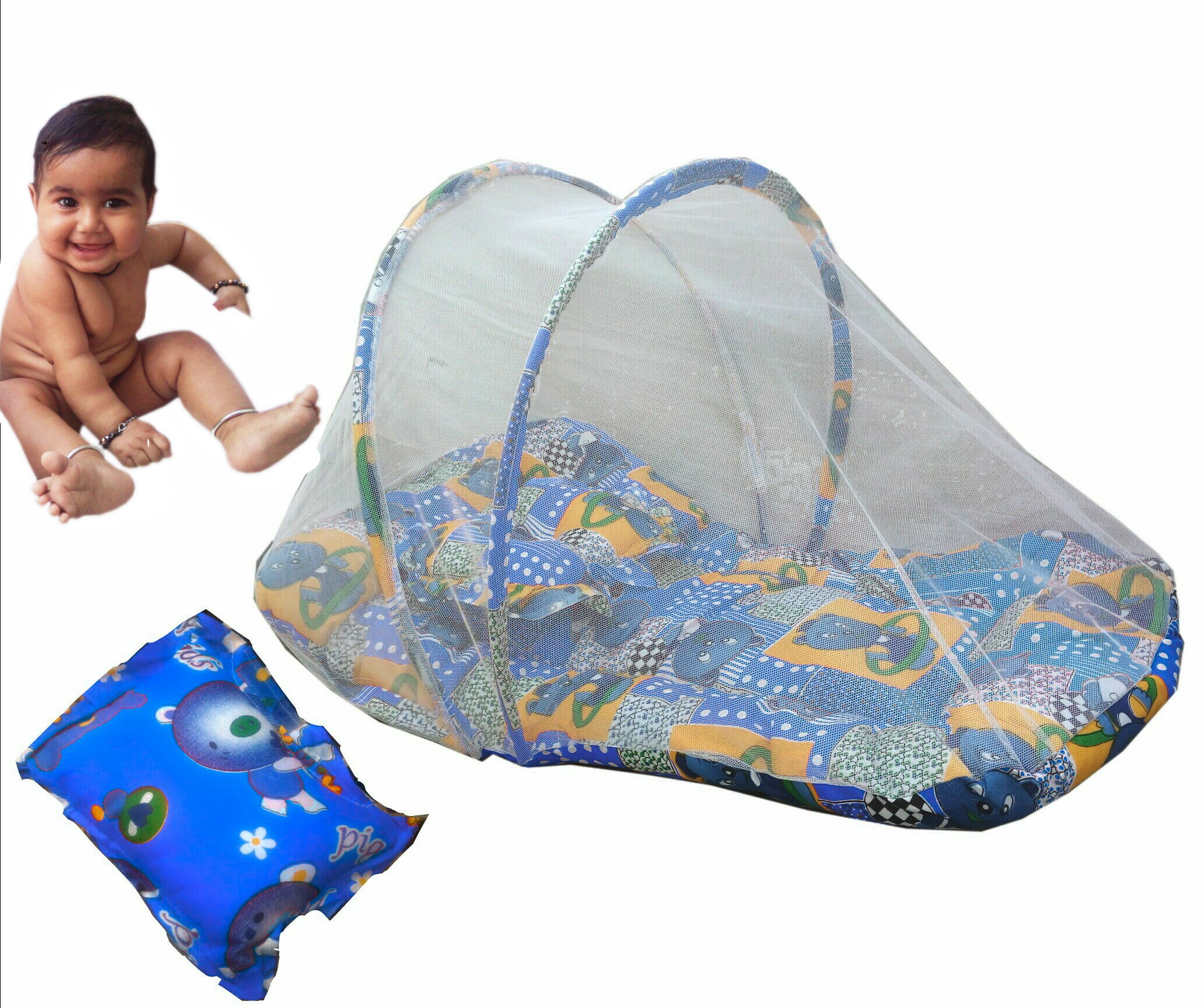 Buy Suraj Blue Bedding Set (Gadi Set) With Pillow And Mosquito Net for ...