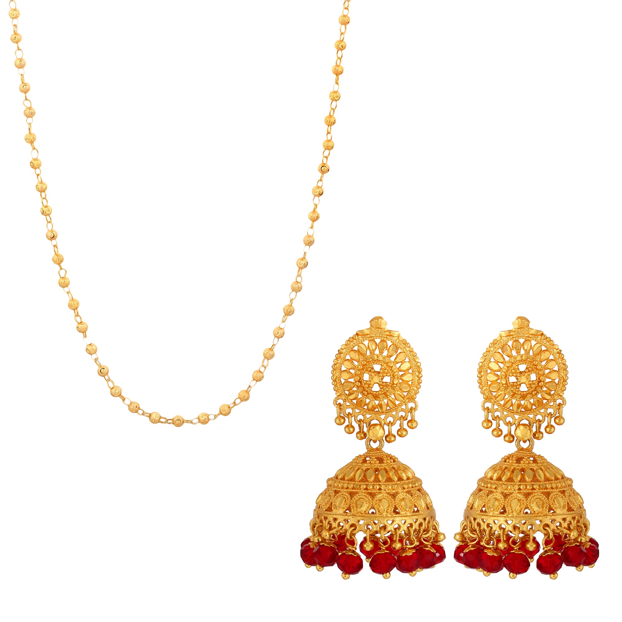 Matar Mala Chain And Gold Plated Red Beaded Jhumki Combo