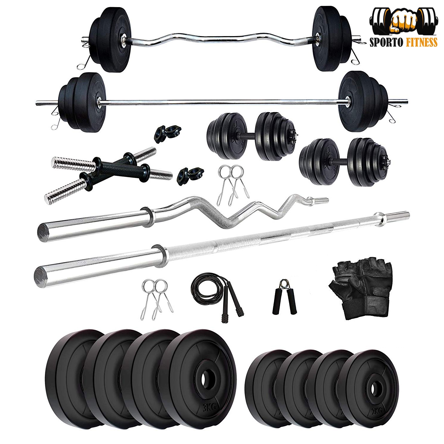 SPORTO20 Kg Home Gym Set Package with 4 Rods + Gym Bag + Rope + Locks