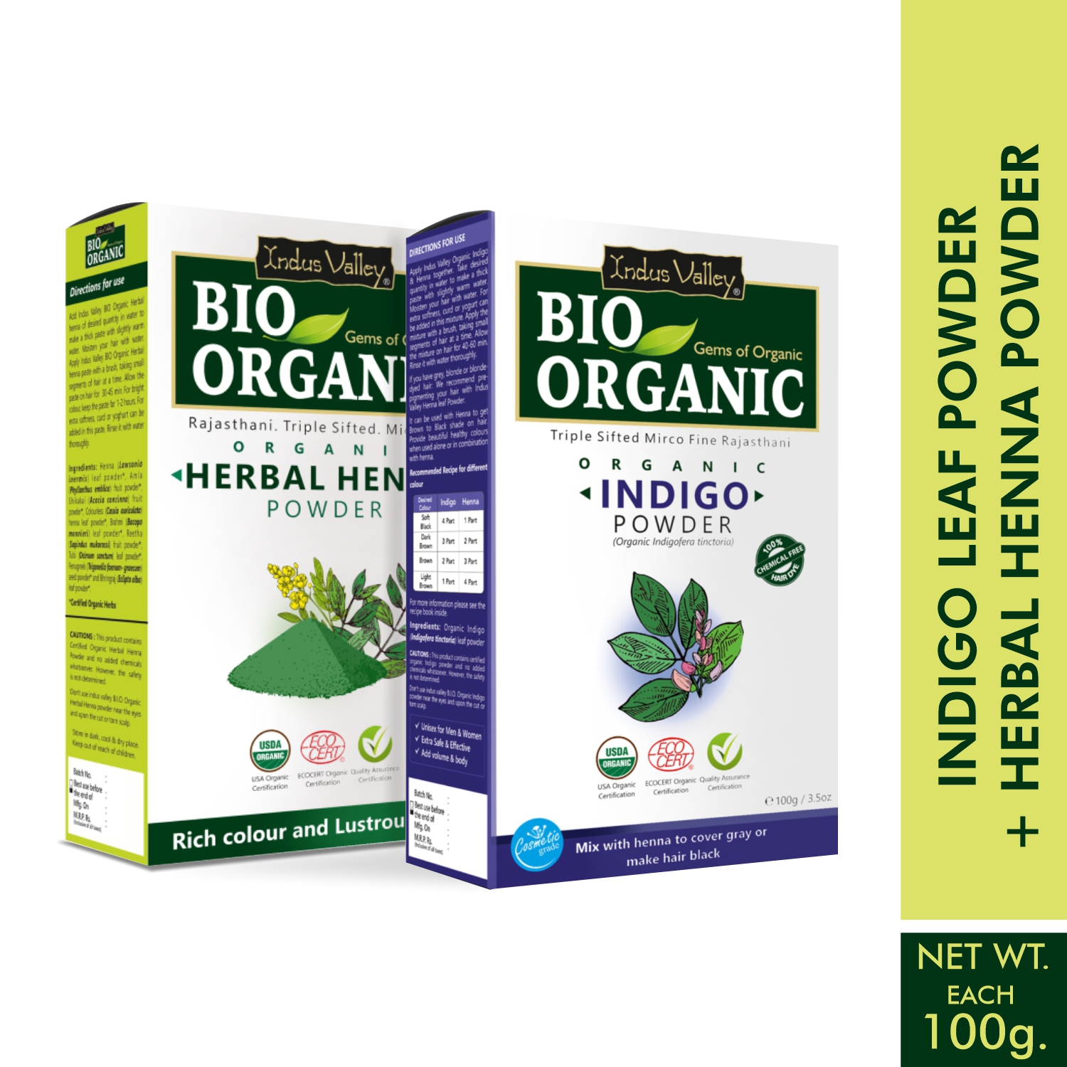Indus Valley Indigo Powder And Herbal Henna Powder Combo Pack Of 2 Each Pack 100 G
