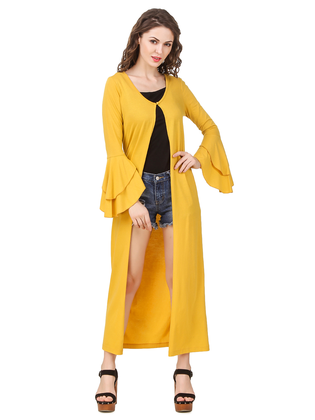 Buy Texco Womens Yellow Double Layered Ruffled Sleeve Longline Shrug Online ₹649 From Shopclues 