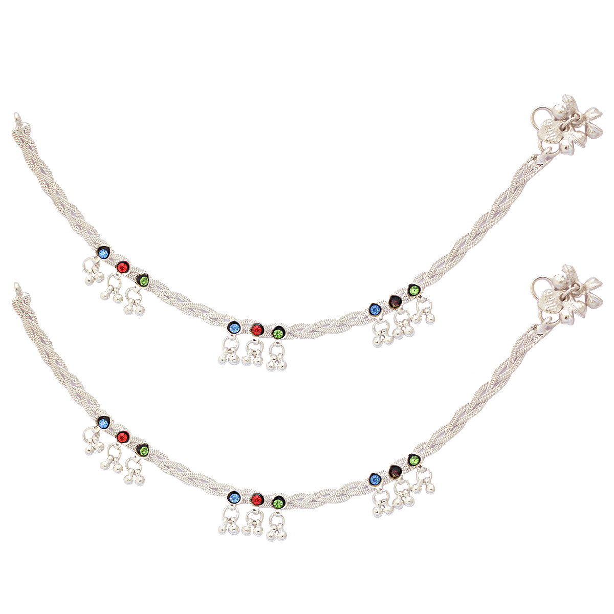 Buy Rope Designed Silver Plated Anklet with Multicolor Stone Ghungroo by Sparkling Jewellery
