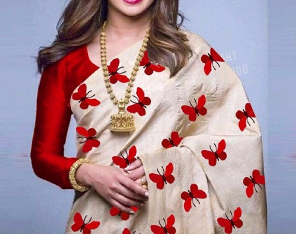 Bhuwal fashion Cream Red Silk Printed Saree With Blouse