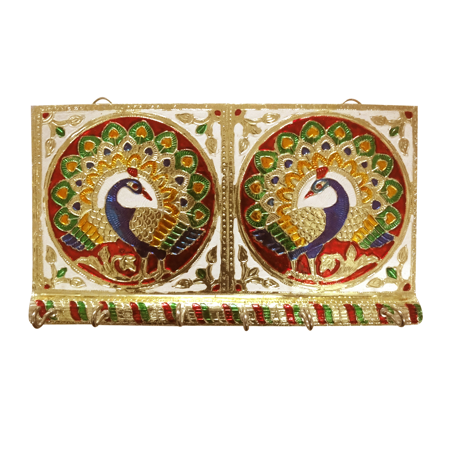 Buy Golden Meenakari Double Peacock Key Holder With 6 Key Hooks Funtional Showpiece Online 6924