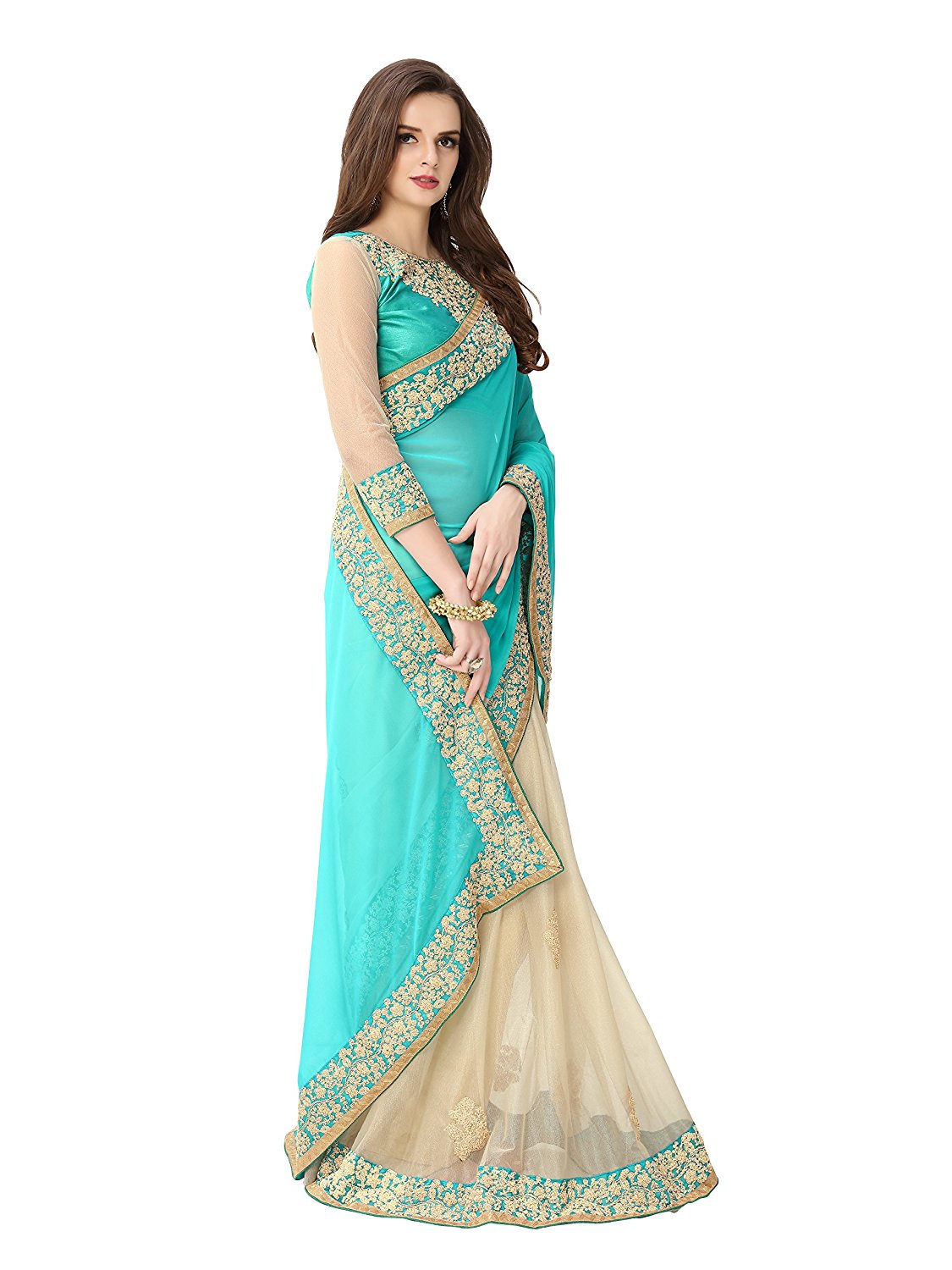 Buy Glory sarees Turquoise Georgette Embroidered Saree With Blouse ...