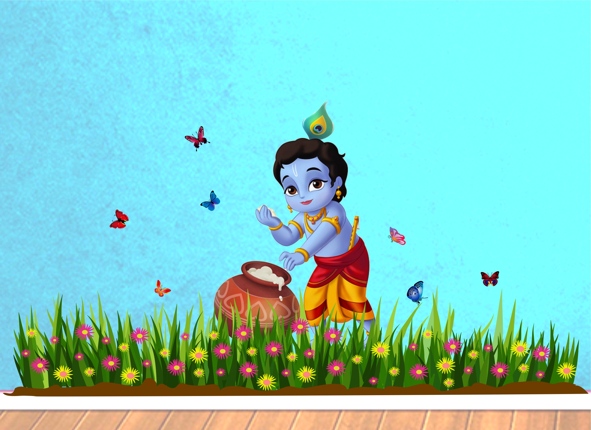 Bal Krishna Sticker Buy Decor Kafe 'Bal Krishna Butterfly Grass Decorative' Wall Sticker ...