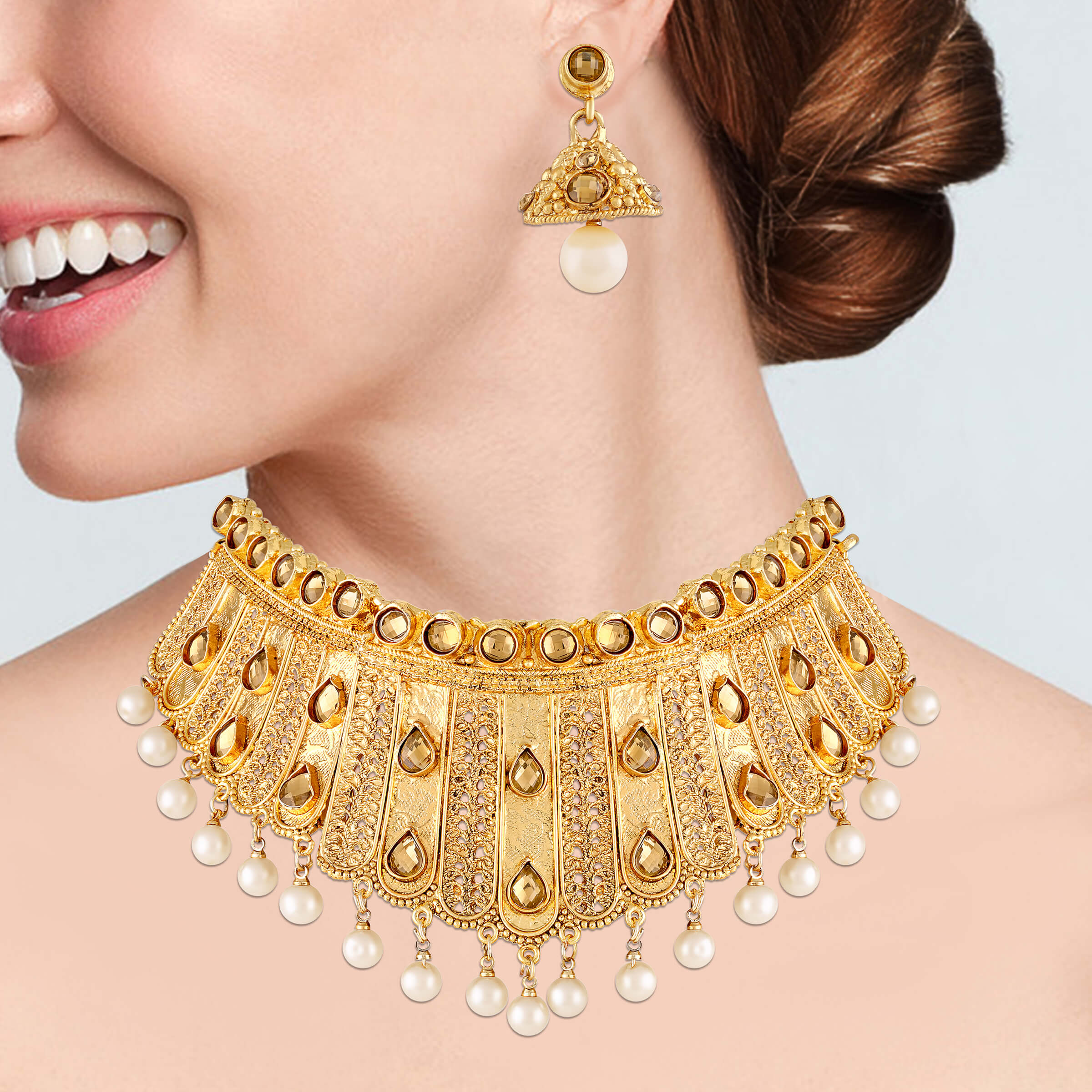 Buy Asmitta Traditional Flower Design Gold Plated Choker Style Necklace Set For Women Online