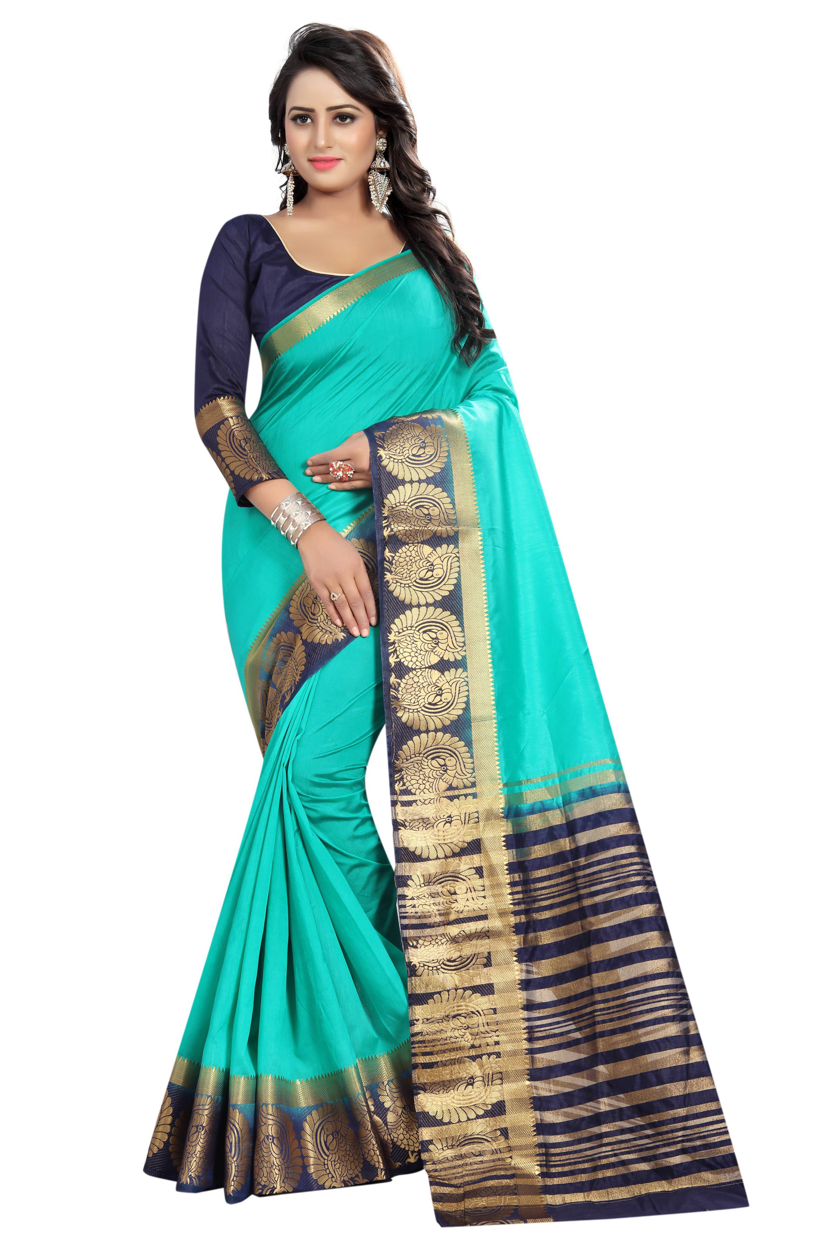 Buy SATYAM WEAVES WOMEN'S ETHNIC WEAR KANJIVARAM COTTON SILK DARK RAMA ...