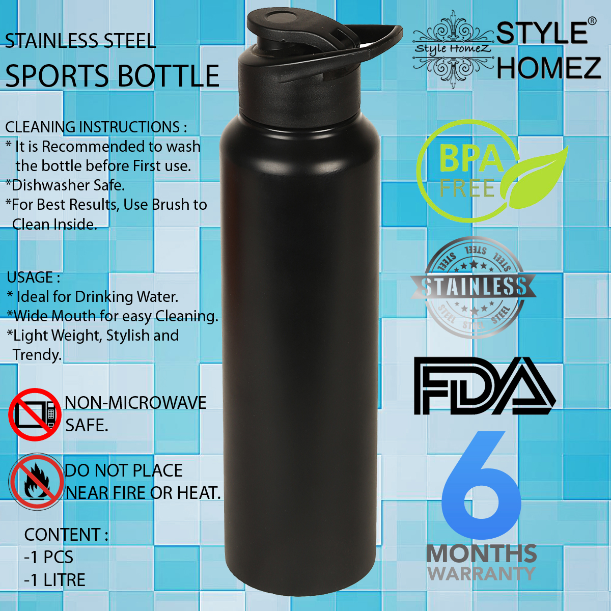 Buy Style Homez Stainless Steel Water Bottle 1000 ml Gym Sipper Black ...