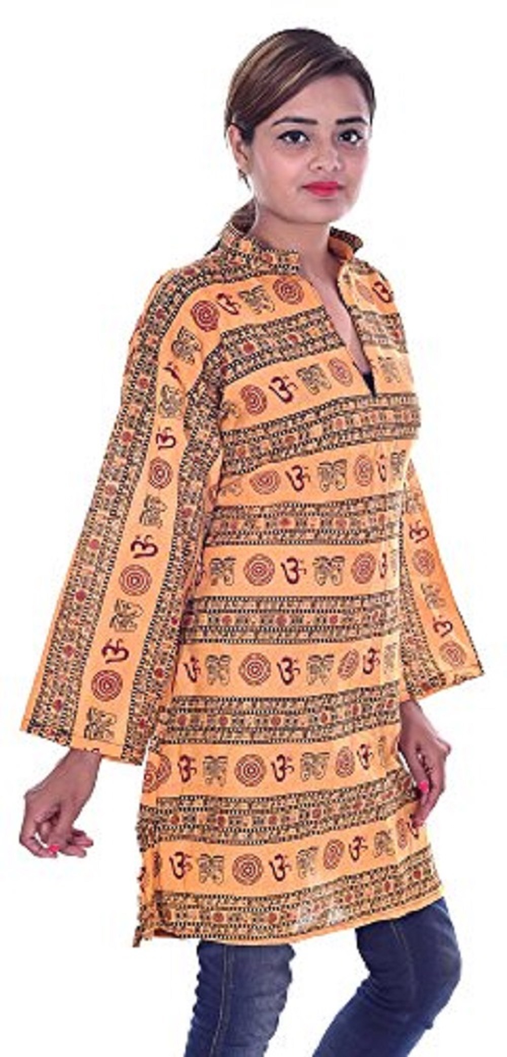 Orange Printed Cap Sleeve Long Cotton Kurta