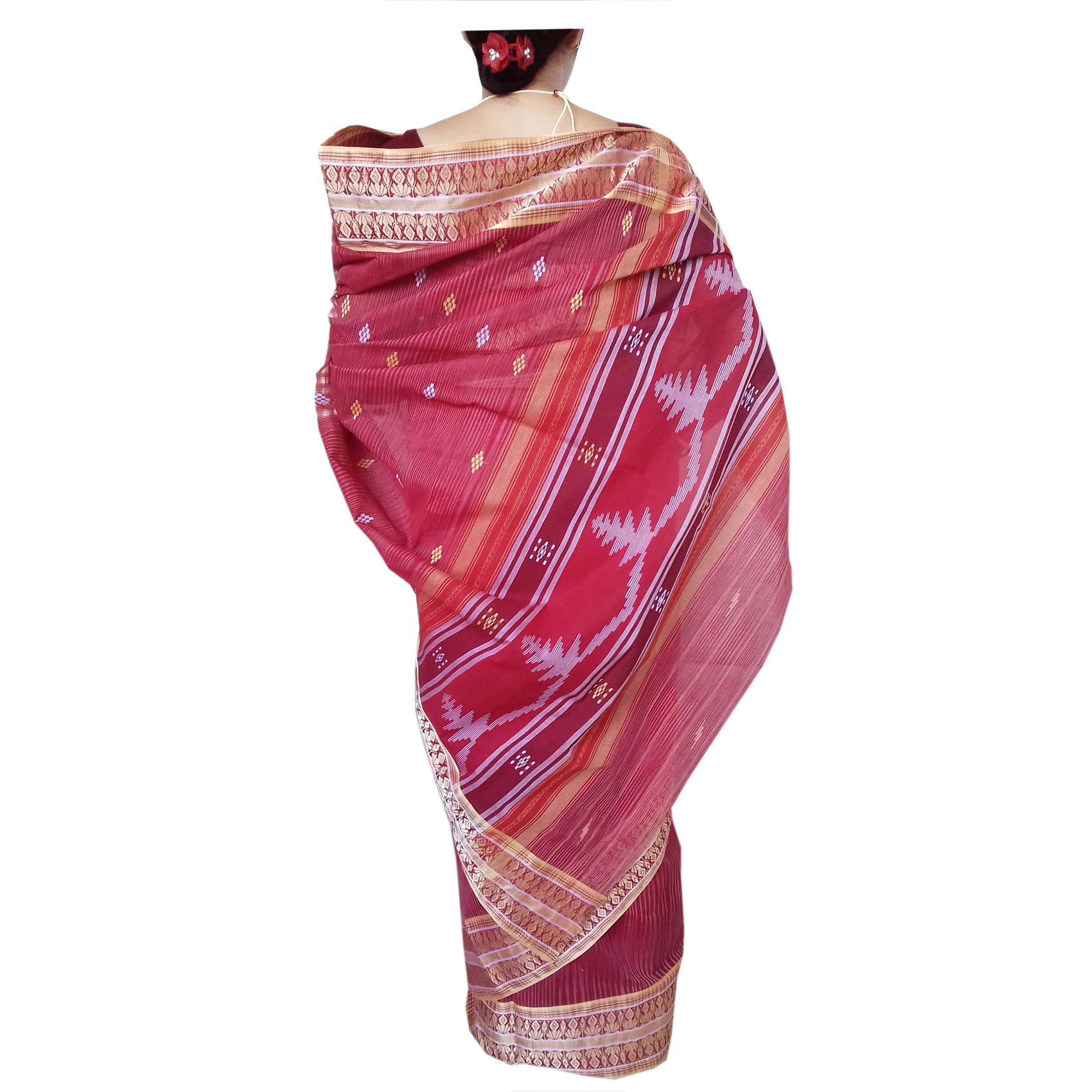 Buy DHANIAKHALI TANT Pure Cotton Red color Handloom Design Bengal tant ...