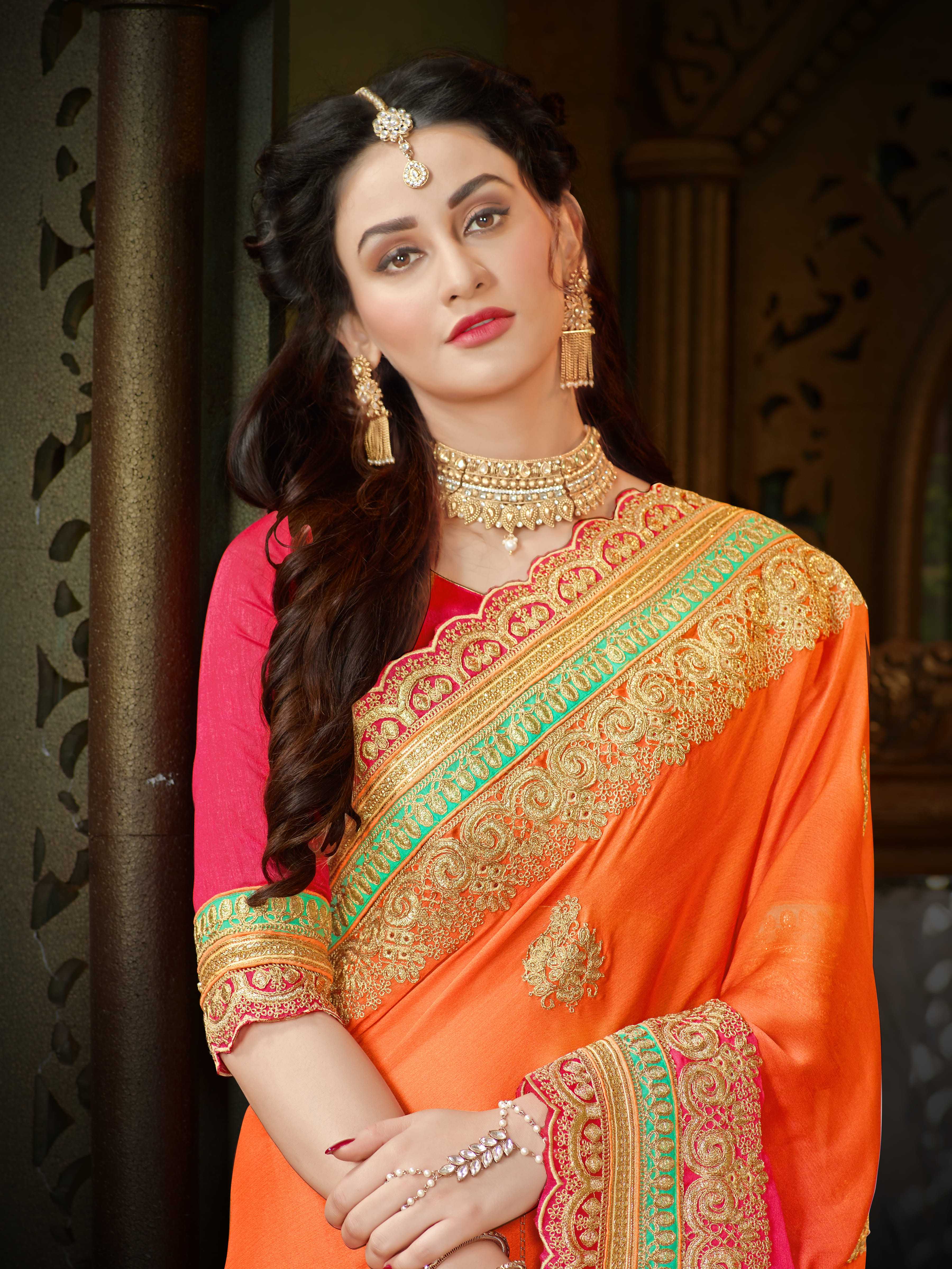 Buy Manohari Designer Orange Chiffon Saree Online @ ₹1502 from ShopClues