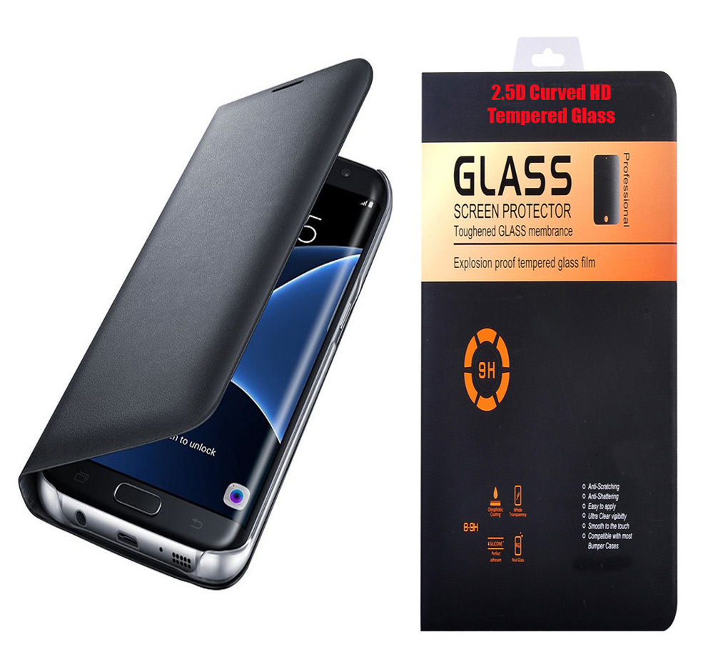 Samsung Galaxy J6 2018 Black Leather Flip Cover with 9H Curved Edge Tempered Glass