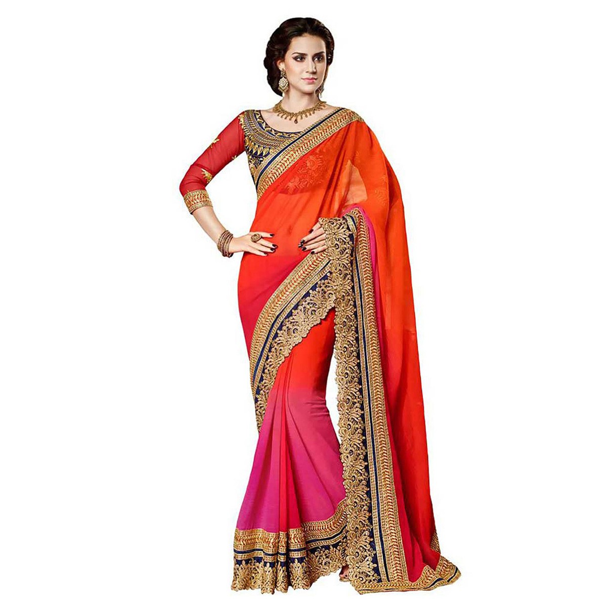 Buy kanak half red and half pink saree with border work Online @ ₹738 ...