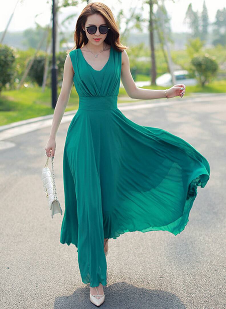 Buy ANB-006 Westchic Green V-Neck Long Dress Online @ ₹699 from ShopClues