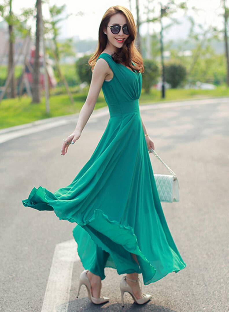 Buy ANB-006 Westchic Green V-Neck Long Dress Online @ ₹699 from ShopClues