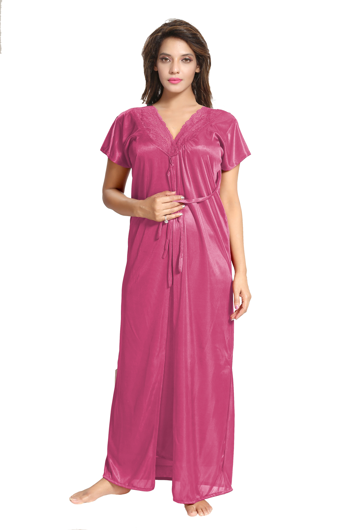 Buy Be You Pink Solid Women 4 Pieces Nightwear Set Nighty with robe Top ...
