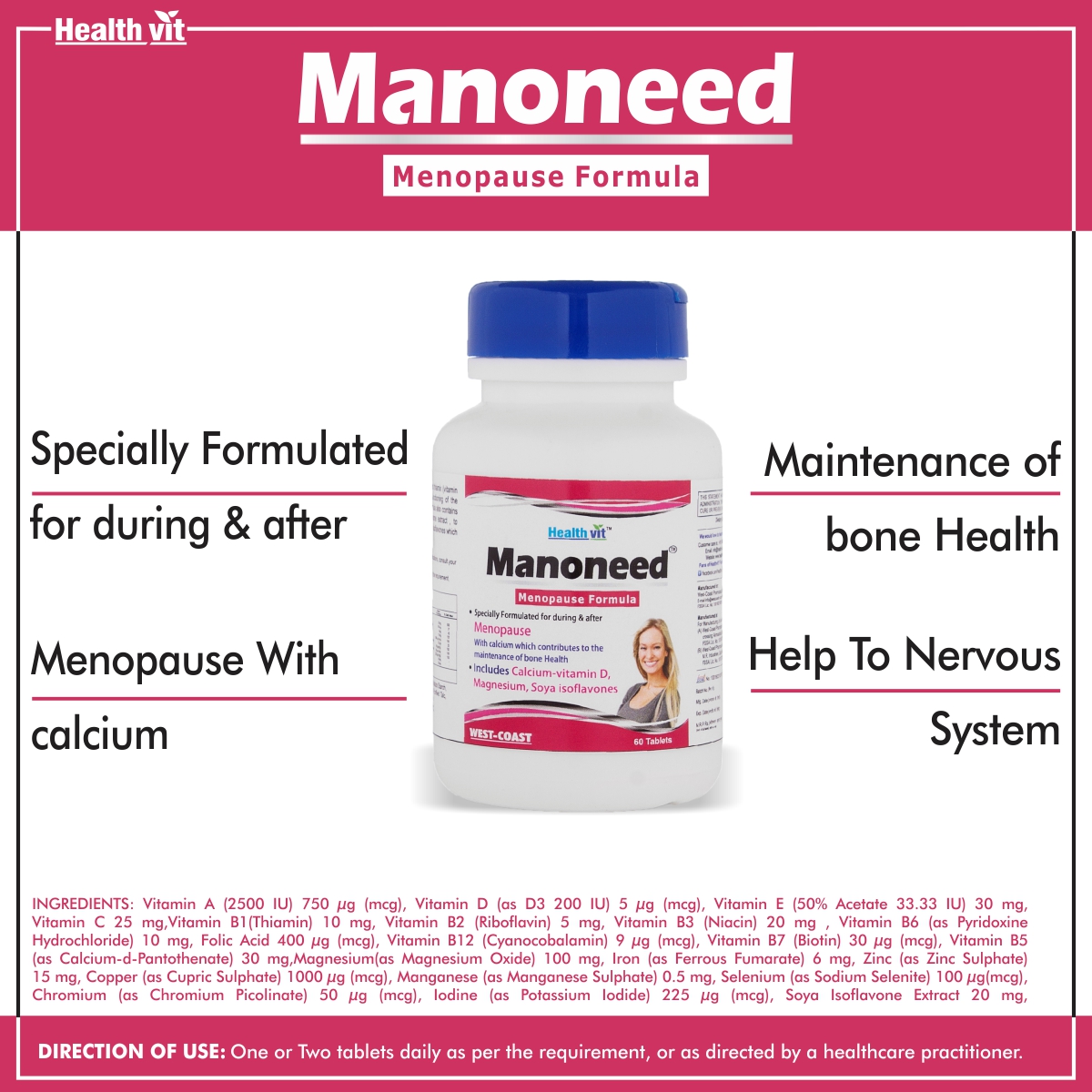 Buy Healthvit Manoneed Menopause Formula For Women 60 Tables (Calcium