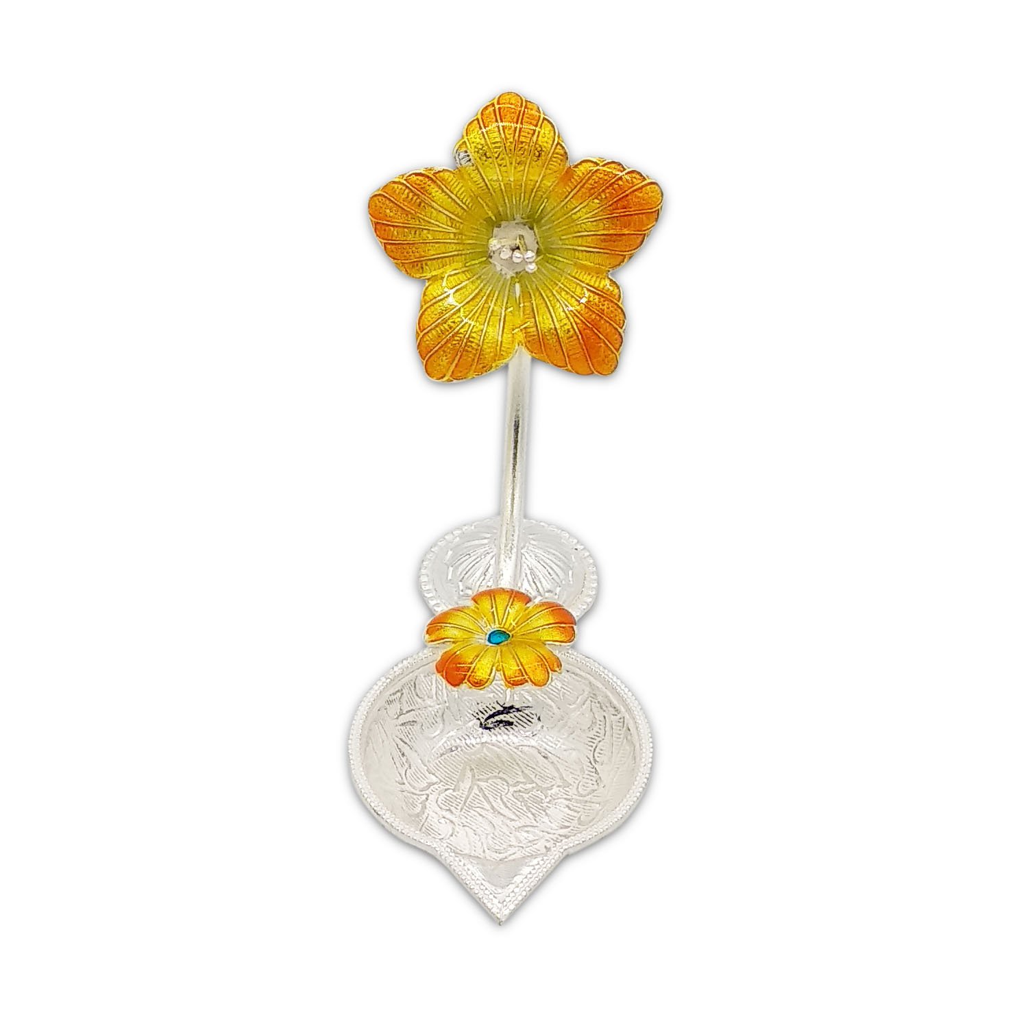 Buy Maa Silver Diya/Lamp/Deepak/Deep with Silver Yellow Hibiscus