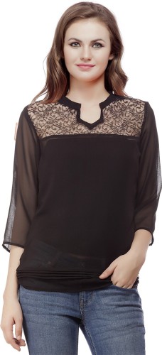 Wish Tree Casual 3/4th Sleeve Solid Women's Black Top