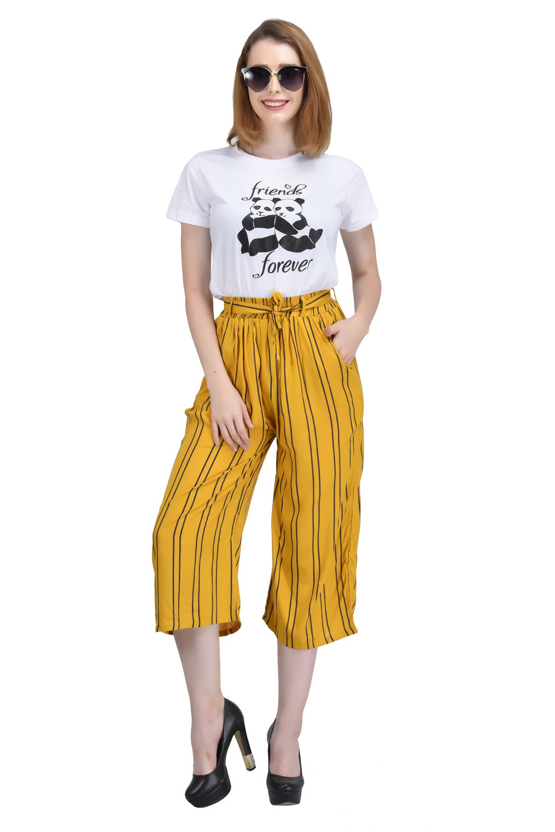 Mustard & Black Flower Stripe Ruffle Top Palazzo Pant Tied