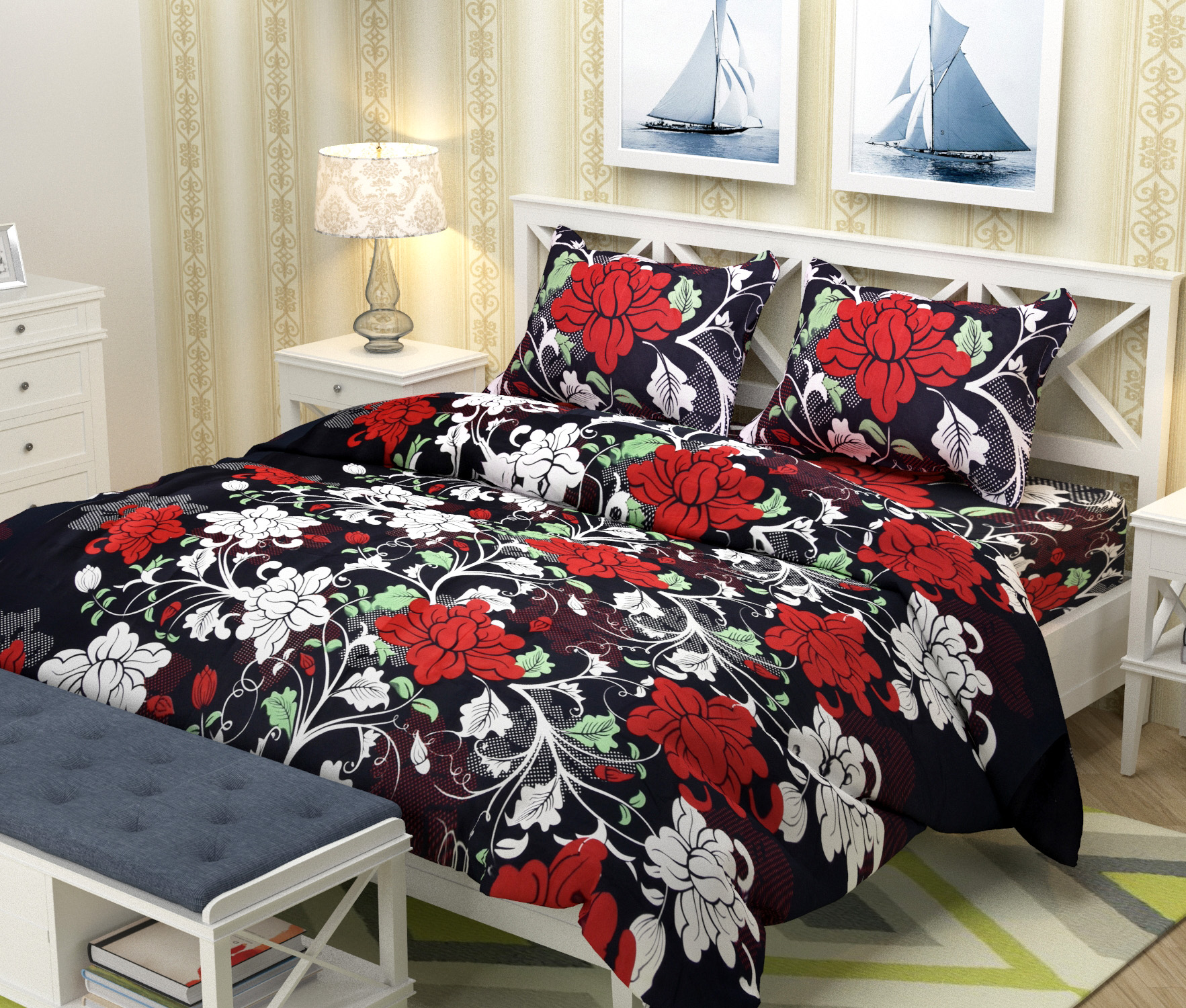 Buy Choco Black Flower double Bedsheet pack of 1 + 2 Pillow Cover ...