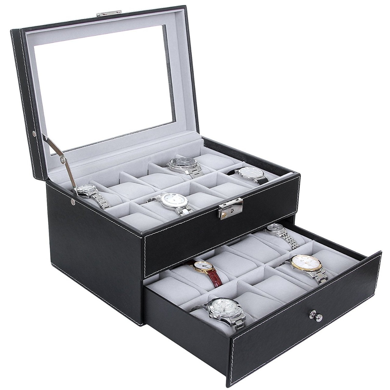 Buy MEDETAI Black Leather Watch Box Lockable 20 Mens Glass Top Watch