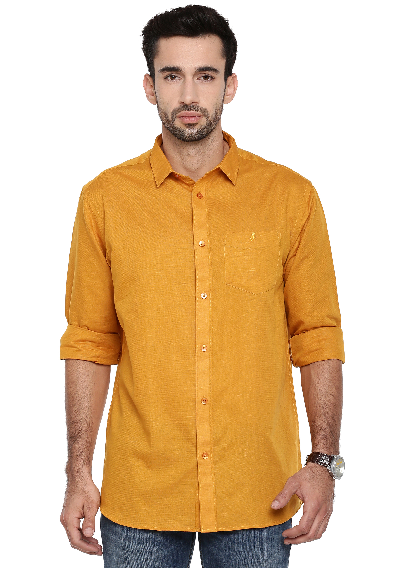 Buy Khoday Williams Men's Mustard Cotton Linen Solid Casual Shirt ...