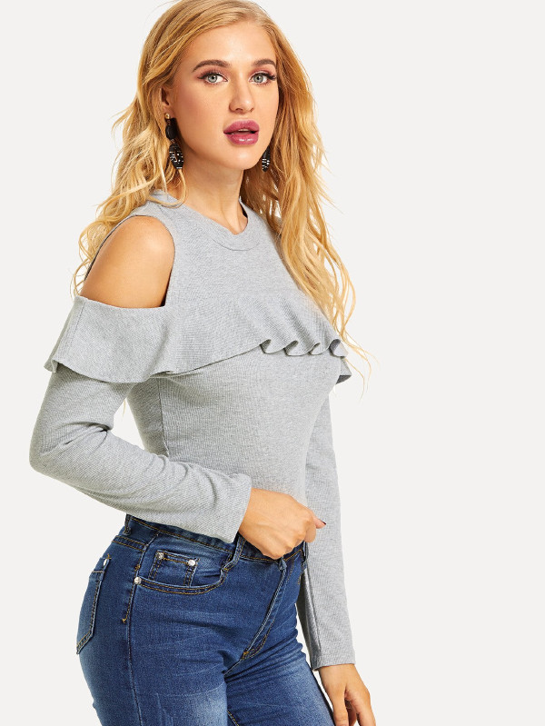 Raabta Fashion Women's Melange Grey Ruffled Cold Shoulder Crop Top
