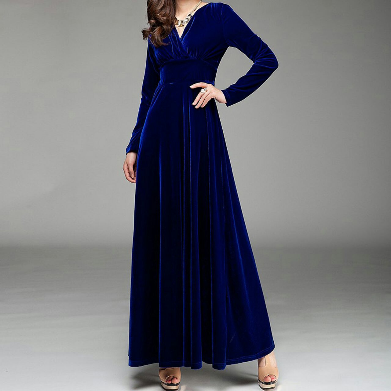 Plunging V-Neck Long Sleeve Velvet Dress Sky Blue main image 1