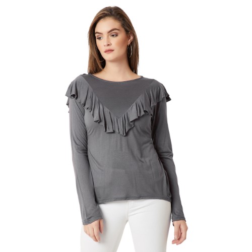 Miss Chase Women's Grey Round Neck Full Sleeves Solid Ruffled Top