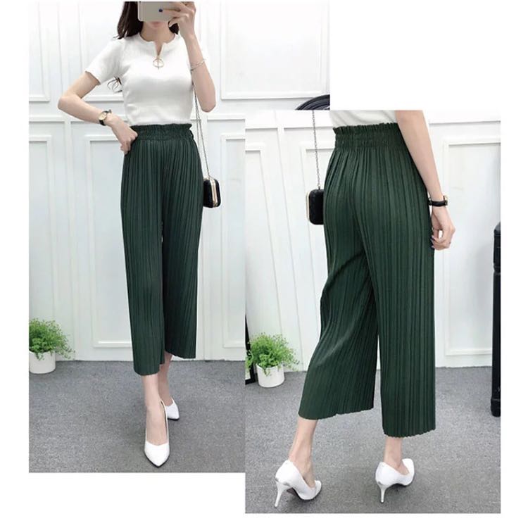 Buy Pleated 3/4 th Green Palazzo Wide Leg Pants Online @ ₹508 from ...