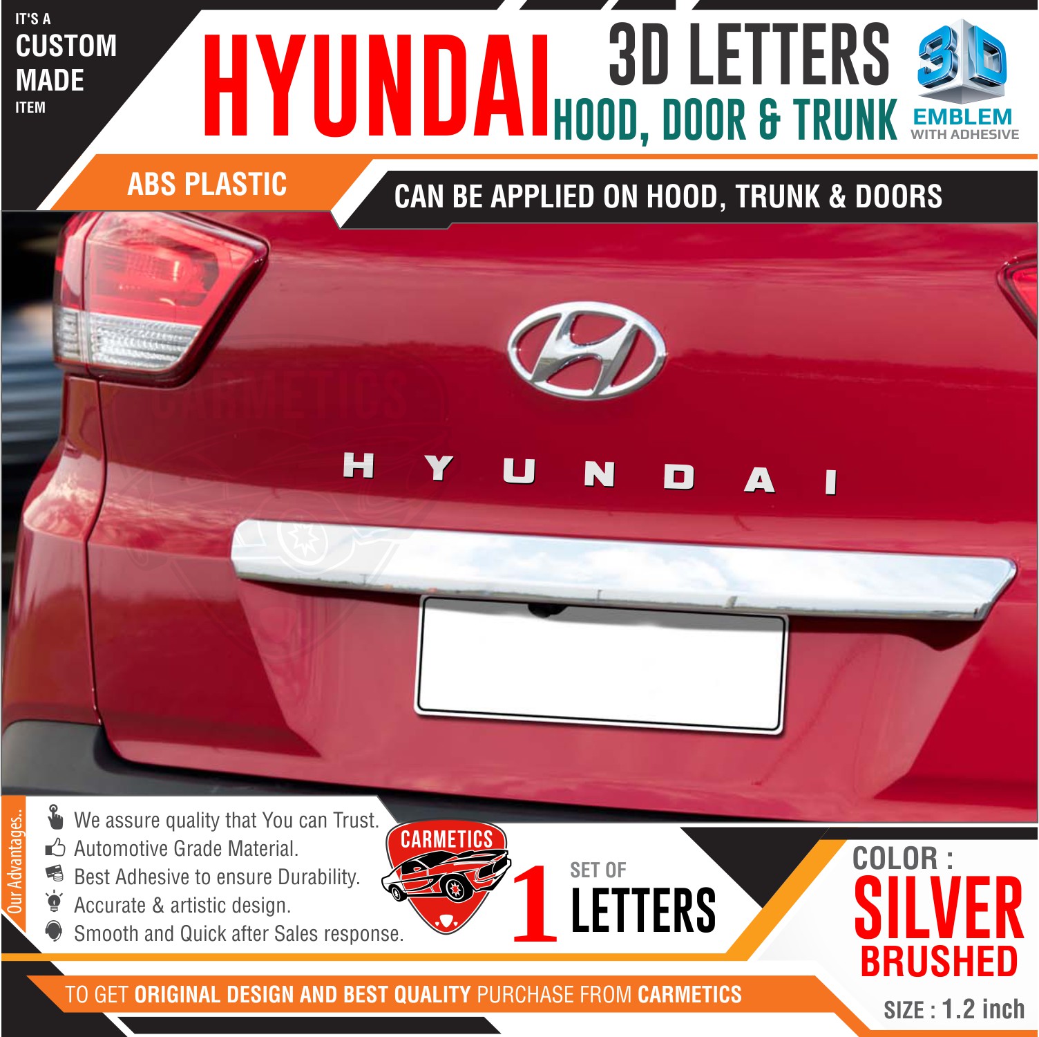 Buy Hyundai 3d letters for Elite i20 Silver Brushed Hyundai 3d letters