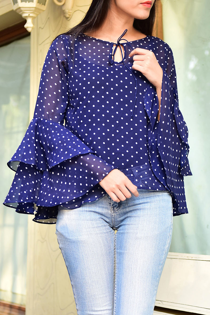 Buy Rosella Blue with White Dot Bell Sleeve Top Online @ ₹599 from ...