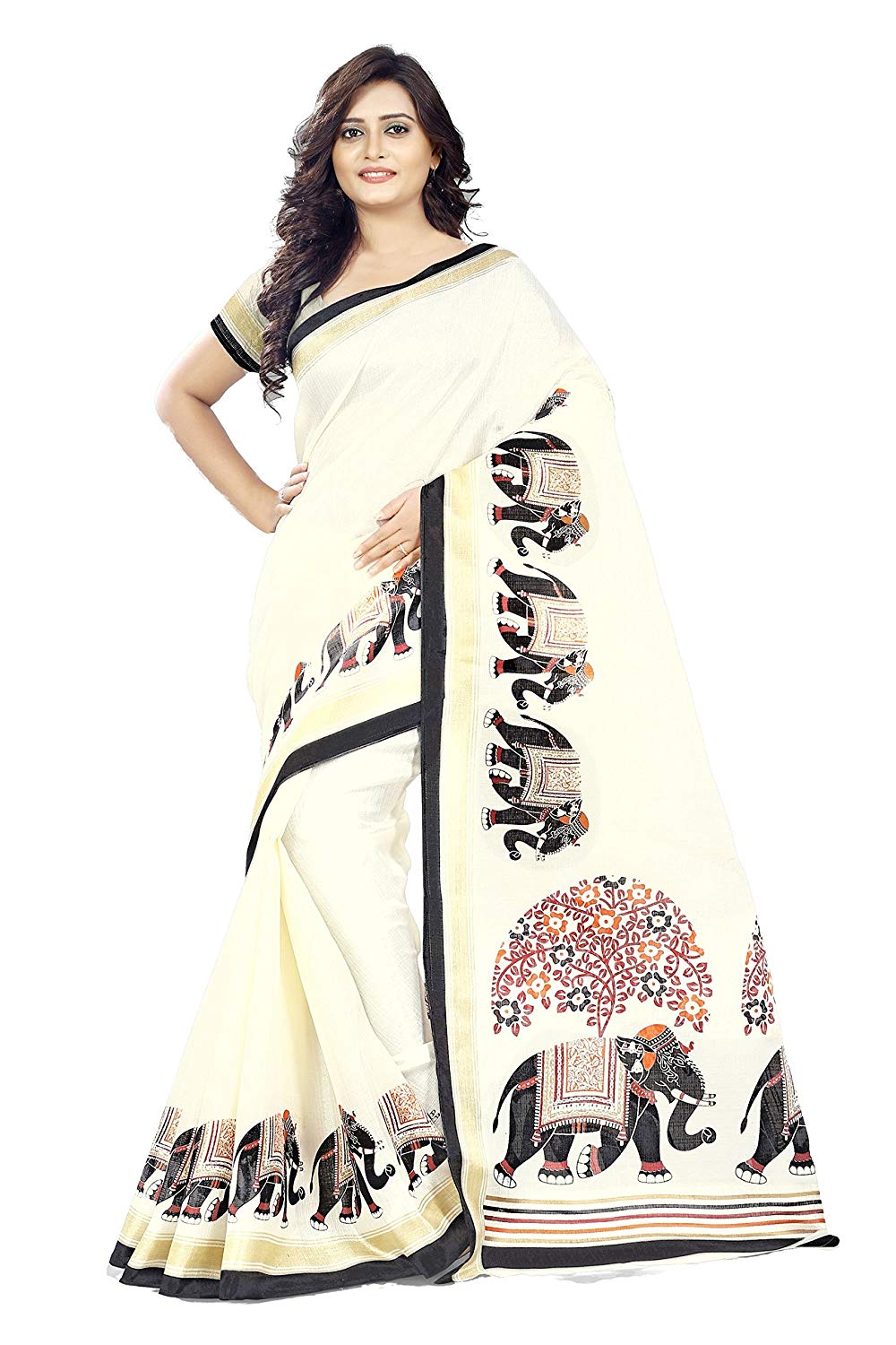 Buy Fabwomen Sarees Animal Print White And White Coloured Khadi Fashion