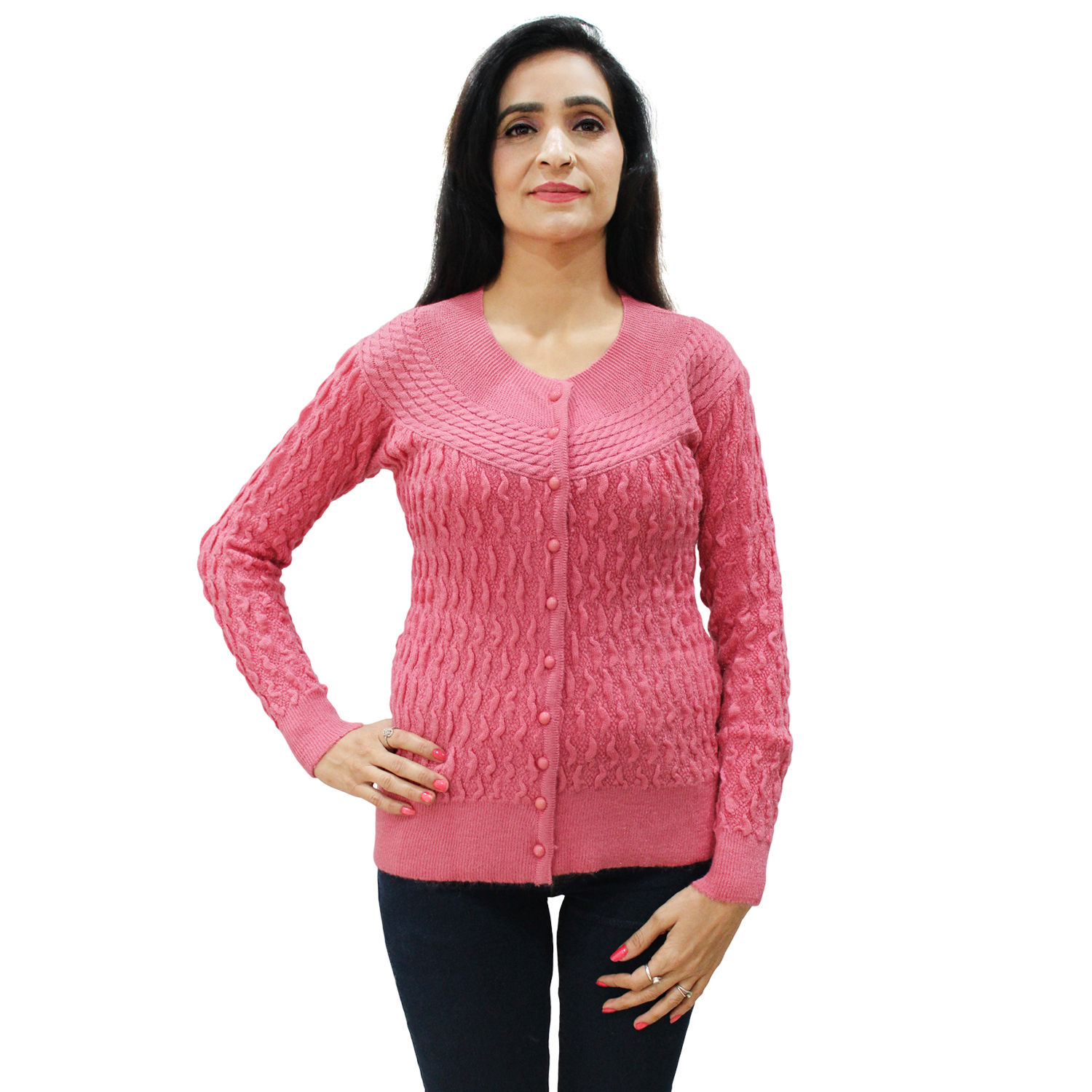 Buy Matelco Women's Dark Pink Woollen Full Sleeves Self Designing Short ...