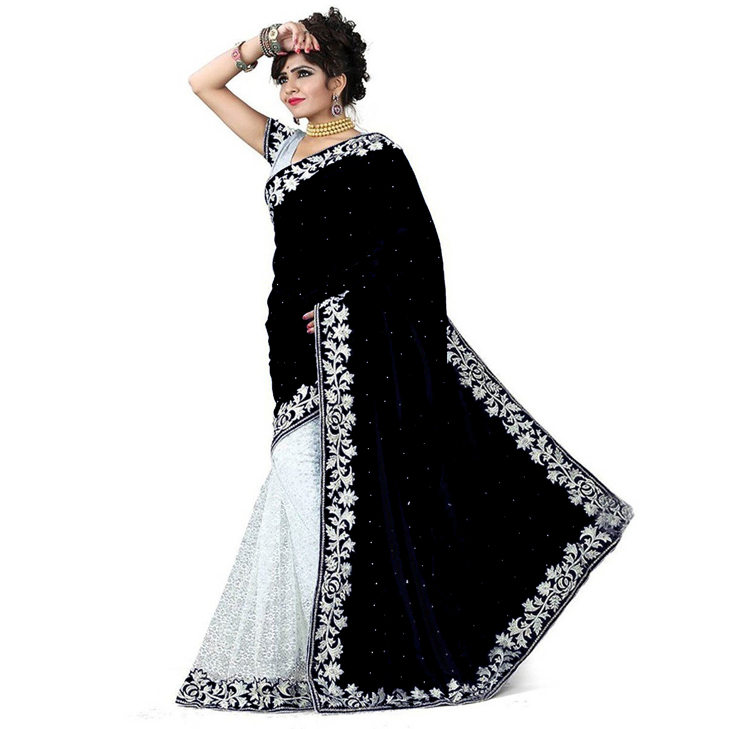 Buy White World Creation Blue Velvet And Net Embroidered Saree With ...