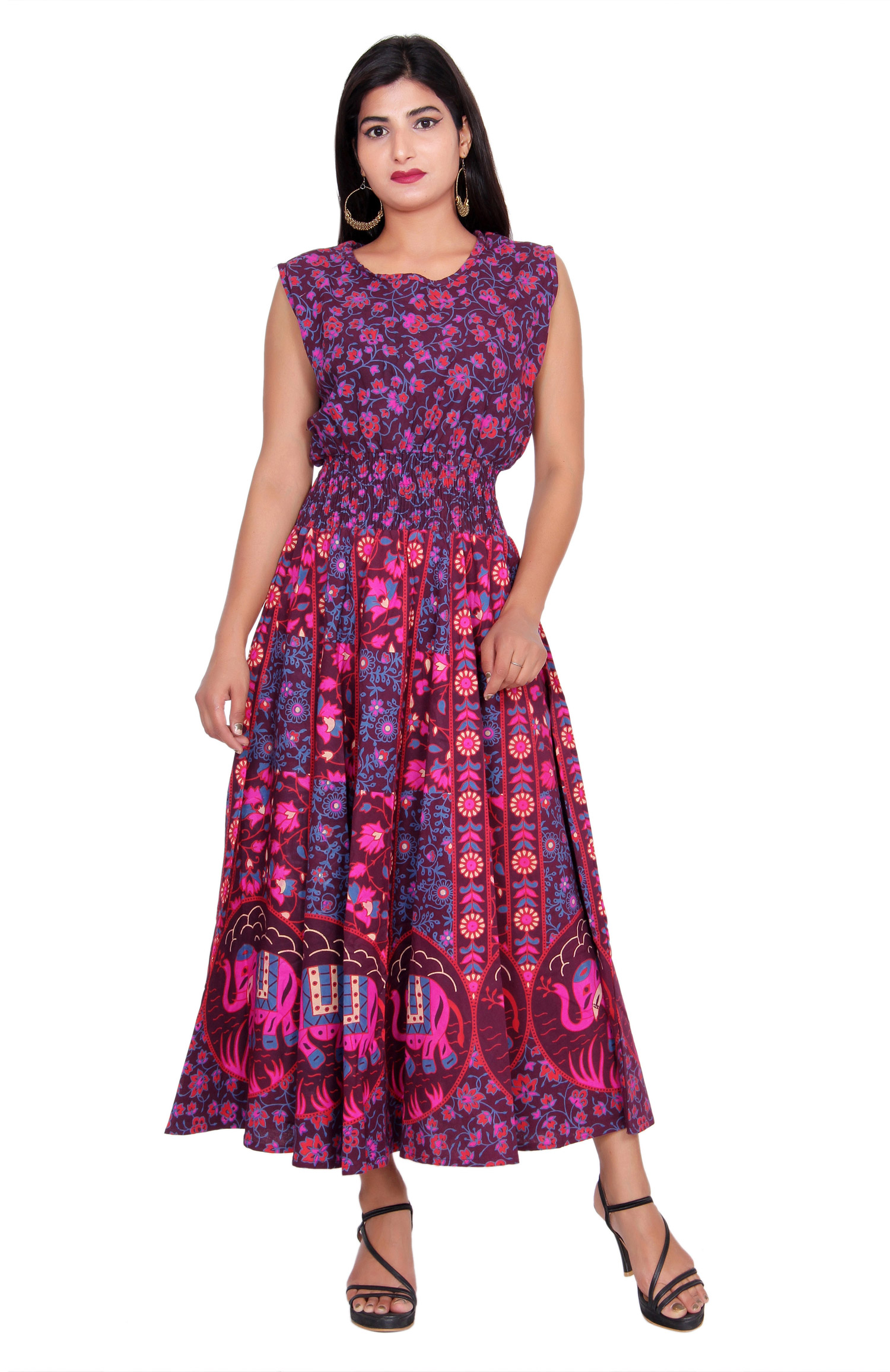 Buy Dhruvi Western Wear Floral Print Cotton Jaipuri Long Maxi Dress in ...