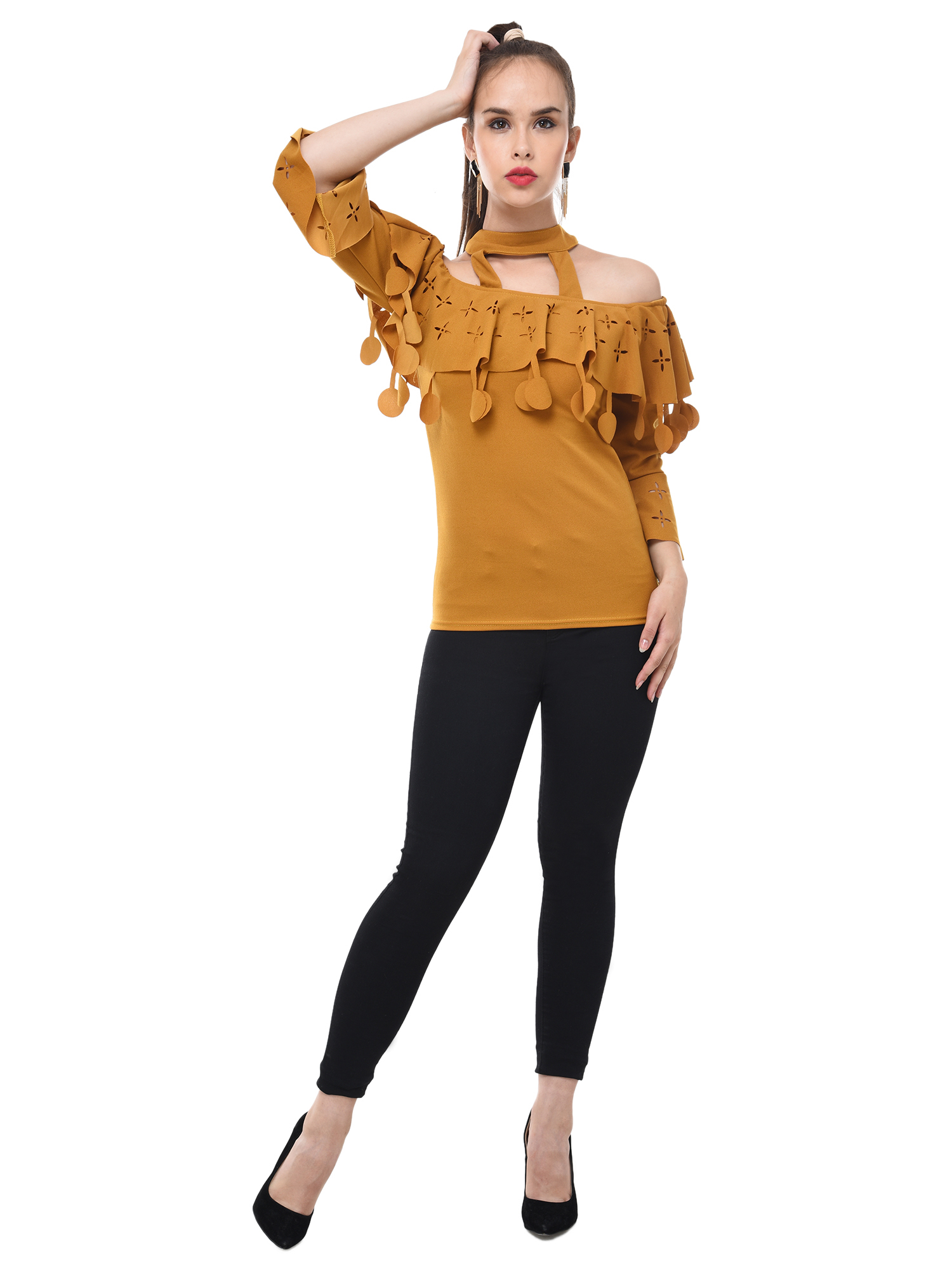 Buy BuyNewTrend Women's Yellow Self Design Crepe Off Shoulder Cut -Outs ...